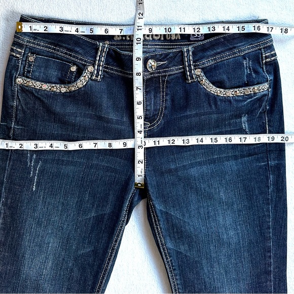 LA IDOL Y2K BOOTCUT BLING FLAP POCKET DISTRESSED RODEO FESTIVAL JEANS Sz11 33/34 - Picture 9 of 12